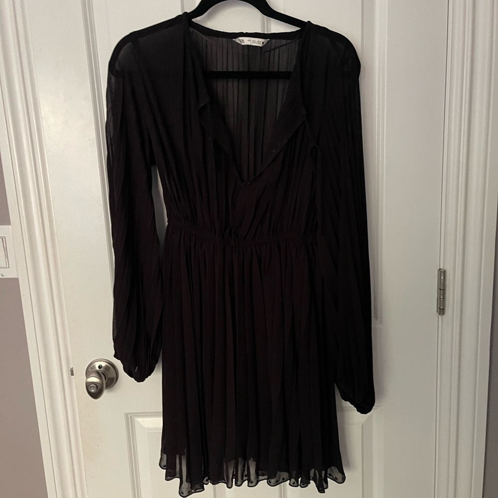 Zara | Black Chiffon Dress | V-Neck | Mid-Length | Long Sleeve